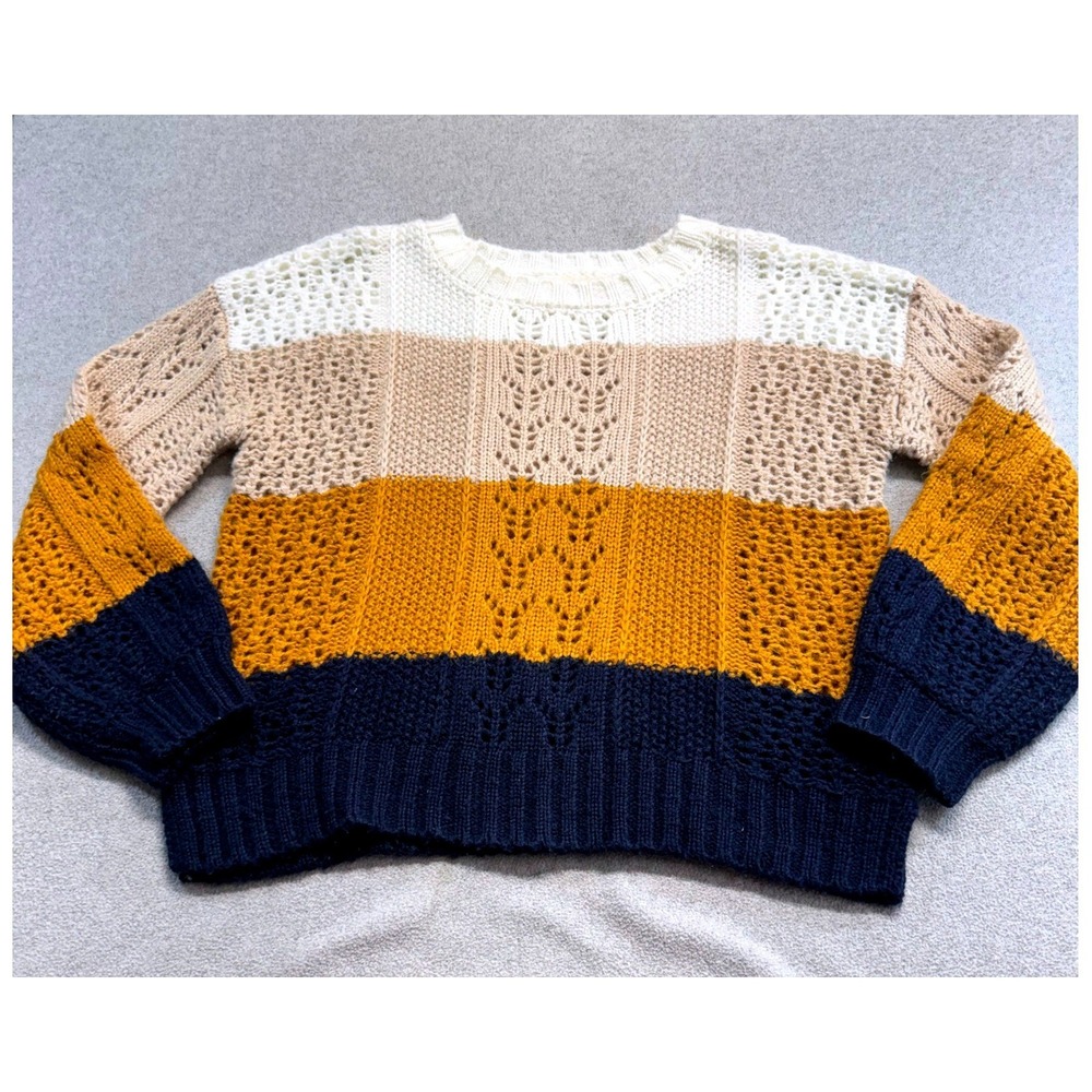 Harper Heritage Womens M Colorblock Pointelle Sweater Mustard Navy Cream Knit